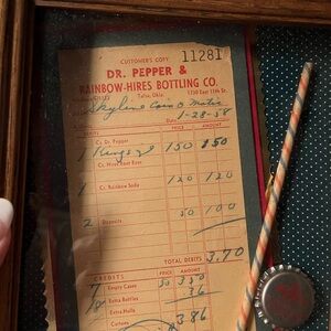 Rare Vintage Dr. Pepper receipt 1958 Tulsa, OK in shadow box 10”x8” frame.